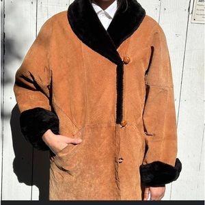 R.Z.R Womens Leather Coat Lined, Pockets Faux Fur Brown With Black Trim